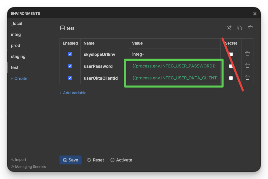 Bruno configure environments dialog